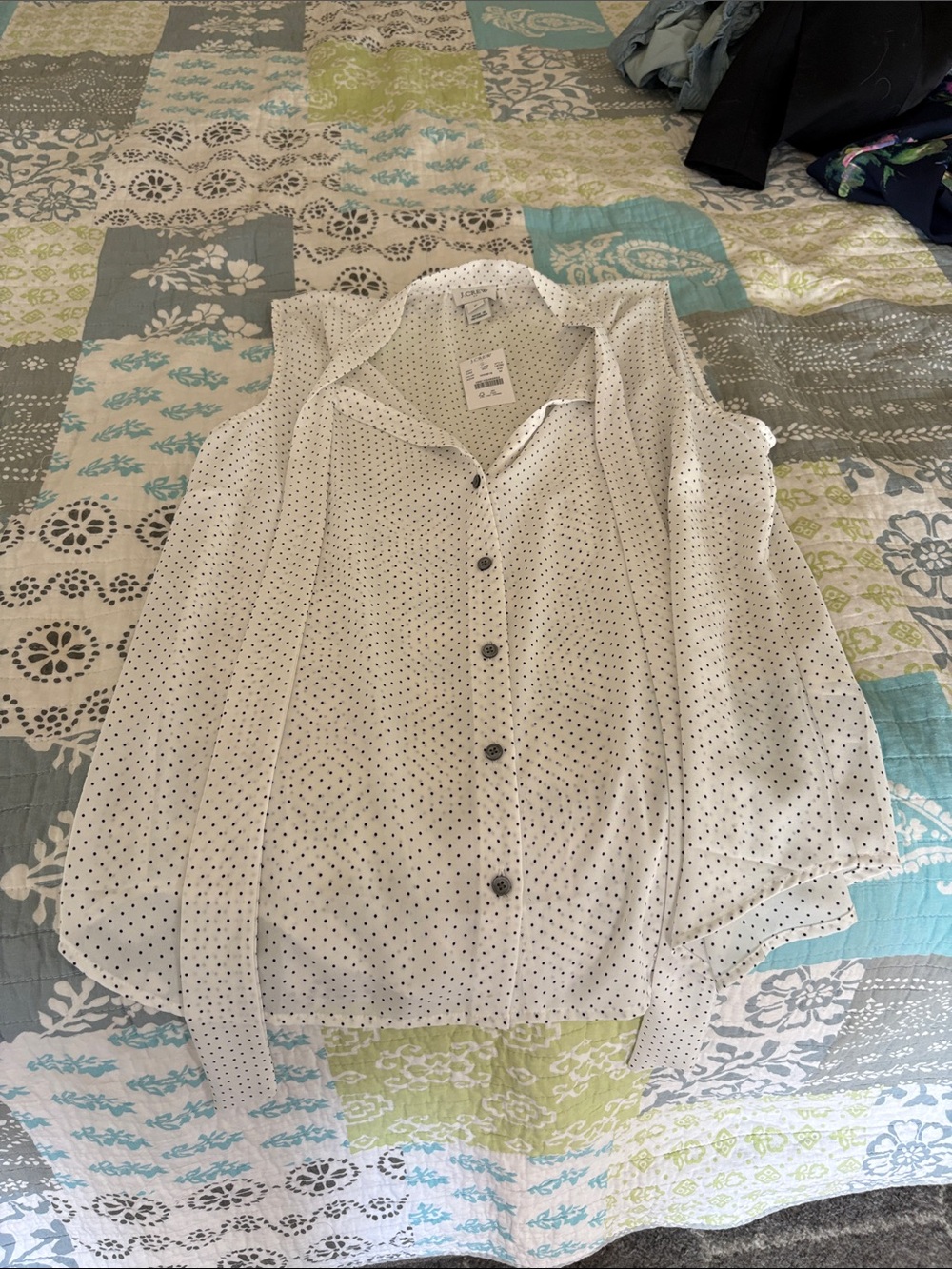 J. Crew White Sleeveless Polka Dot Button-Down Blouse
